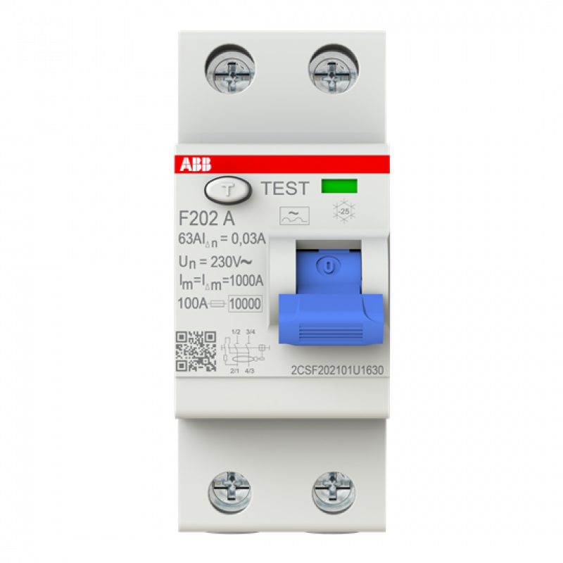 ABB F202 A-63/0.03 U FI-Schutzschalter 2P, Typ A, 63A, 30mA, unverpackt, Großverpackung 48 Stück