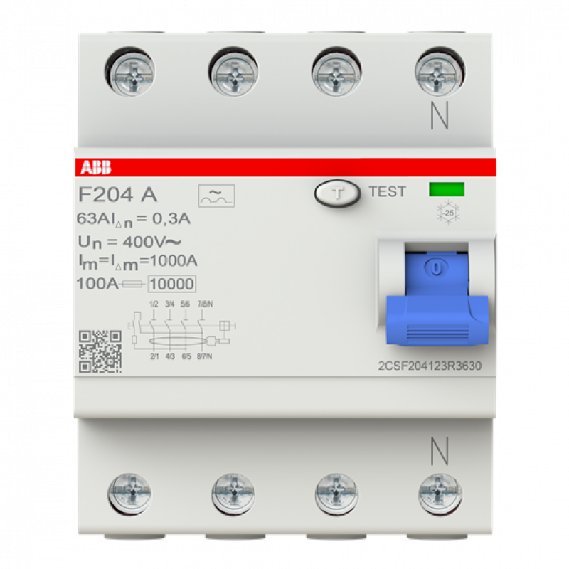ABB F204 A-63/0.3-L FI-Schutzschalter 4P, Typ A, 63A, 300mA, N links