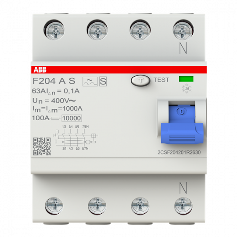 ABB F204 A S-63/0.1 FI-Schutzschalter 4P, Typ A, 63A, 100mA, selektiv