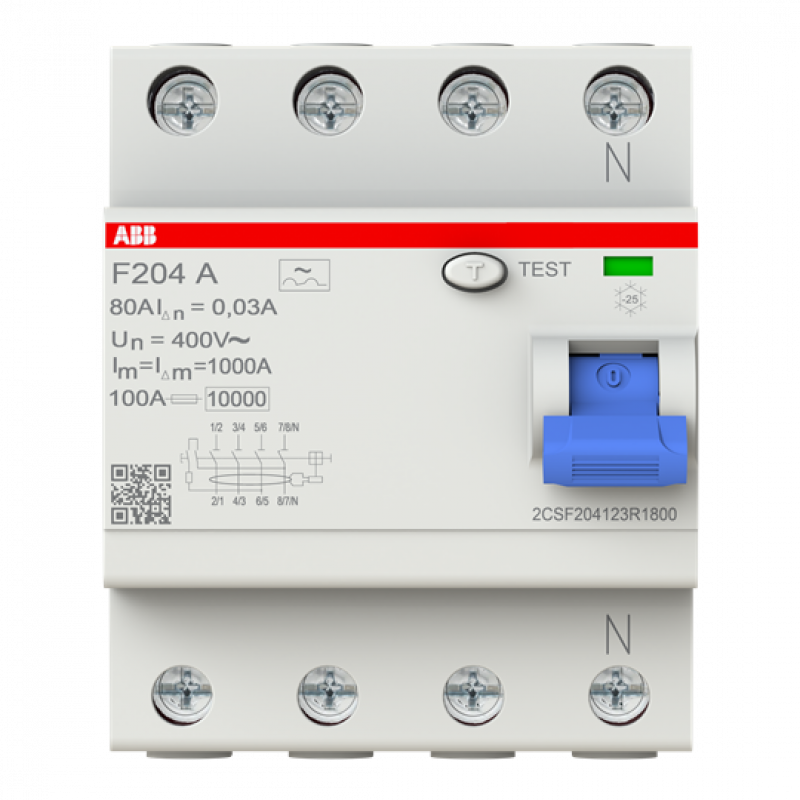 ABB F204 A-80/0.03-L FI-Schutzschalter 4P, Typ A, 80A, 30mA, N links