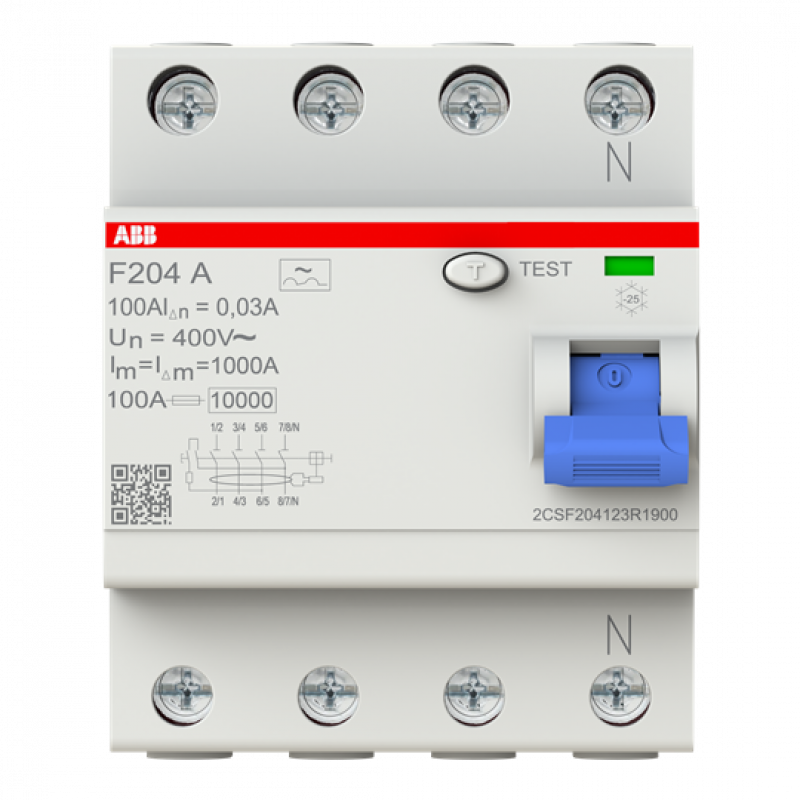 ABB F204 A-100/0.03-L FI-Schutzschalter 4P, Typ A, 100A, 30mA, N links