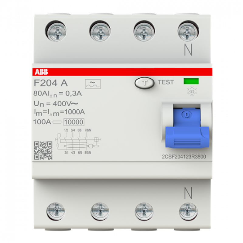 ABB F204 A-80/0.3-L FI-Schutzschalter 4P, Typ A, 80A, 300mA, N links