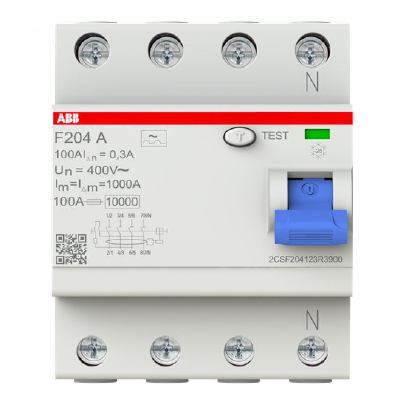 ABB F204 A-100/0.3-L FI-Schutzschalter 4P, Typ A, 100A, 300mA, N links