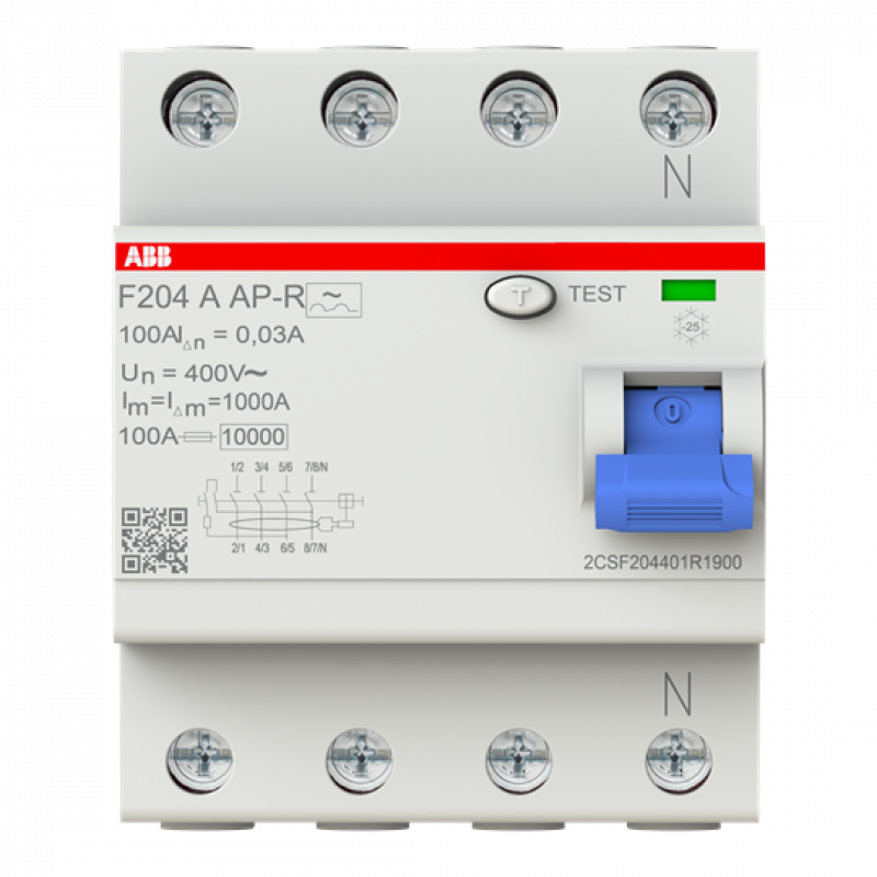 ABB F204 A-100/0.03 AP-R FI-Schutzschalter 4P, Typ A, 100A, 30mA, kurzzeitverzögert
