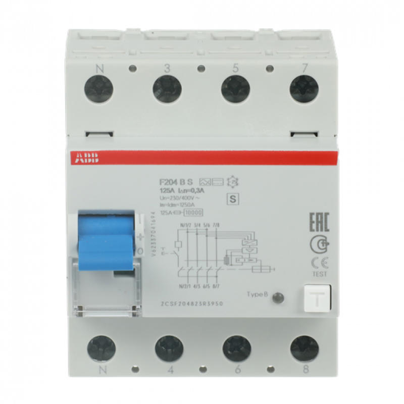 ABB F204 B S-125/0.3-L FI-Schutzschalter 4P, allstromsensitiv, 125A, 300mA, selektiv, N links