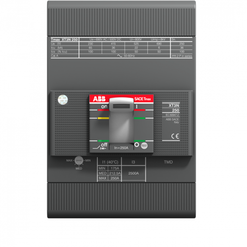 ABB XT3N 250 TMD 80-800 3p F F Kompaktleistungsschalter Tmax XT3 mit vorderseitigen Anschlüssen, 3polig