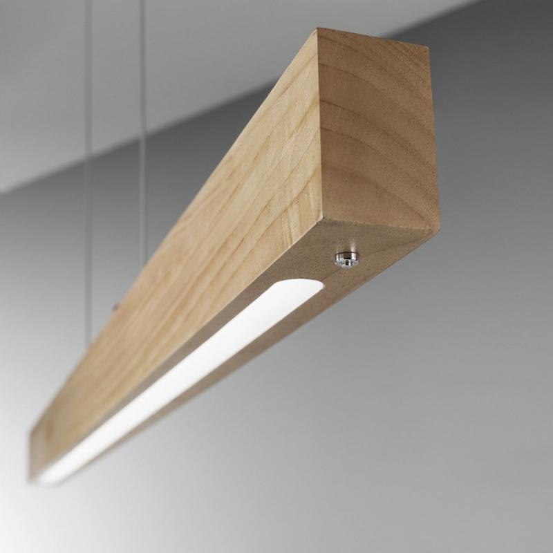 Balkenförmige 110cm lange Eichenholz LED-Pendelleuchte Badia dimmbar mit Ober- und Unterlicht von Fabas Luce