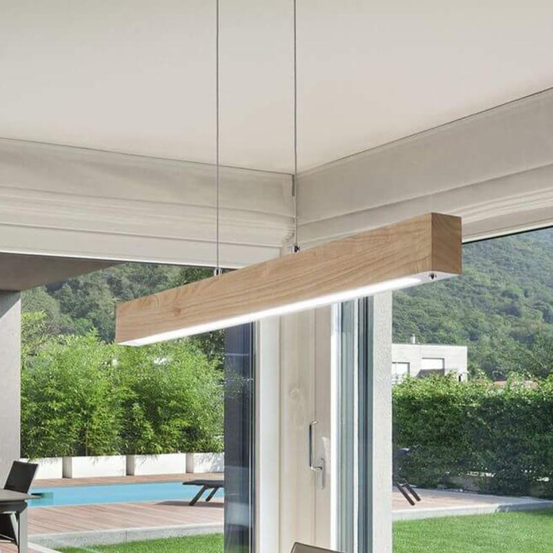 Balkenförmige 110cm lange Eichenholz LED-Pendelleuchte Badia dimmbar mit Ober- und Unterlicht von Fabas Luce