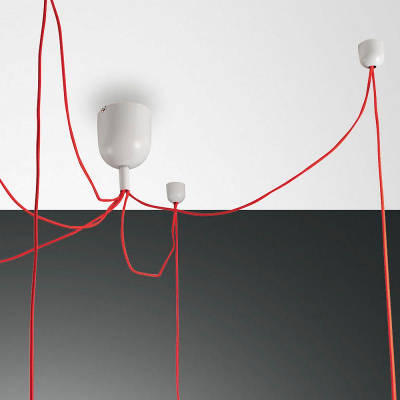 BLOG 5-flammige PENDELLEUCHTE IN WEISS MIT ROTEN TEXTILUMMANTELTEN KABELN VON FABAS LUCE
