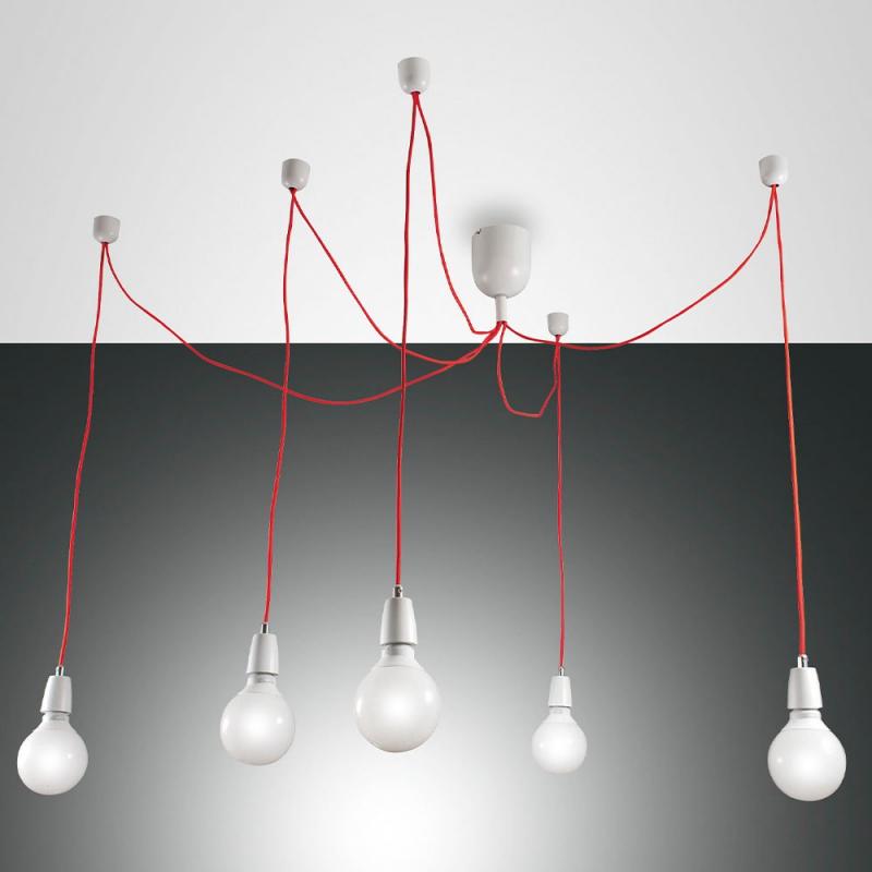 BLOG 5-flammige PENDELLEUCHTE IN WEISS MIT ROTEN TEXTILUMMANTELTEN KABELN VON FABAS LUCE