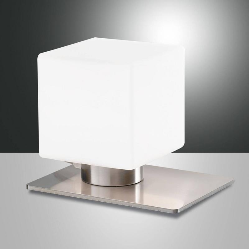 Zara Elegante kubische LED-Tischleuchte in Nickel satiniert & geblasenes Glas von Fabas Luce