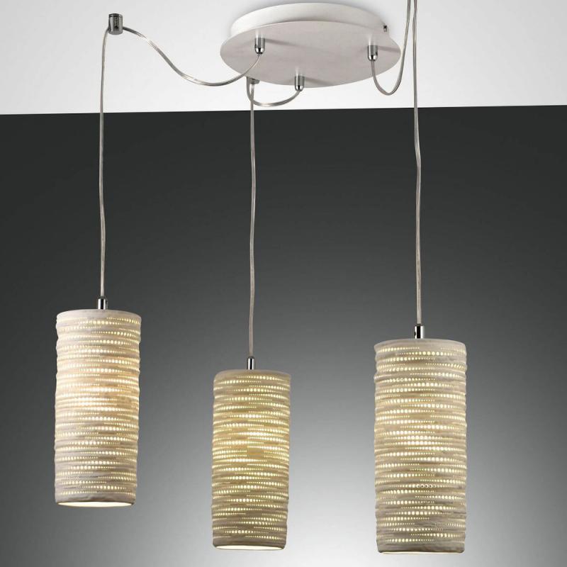 Mediterrane 3-flammige Marbella Keramik-Pendelleuchte mit Effekt-Lichtverteilung in Weiss von Fabas Luce