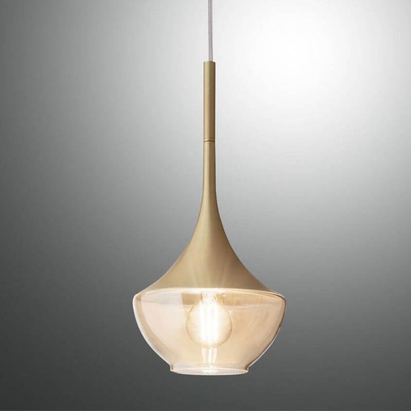Apollo Pendelleuchte aus Metall & Glas in Messing/ Amber im Retro-Look von Fabas Luce