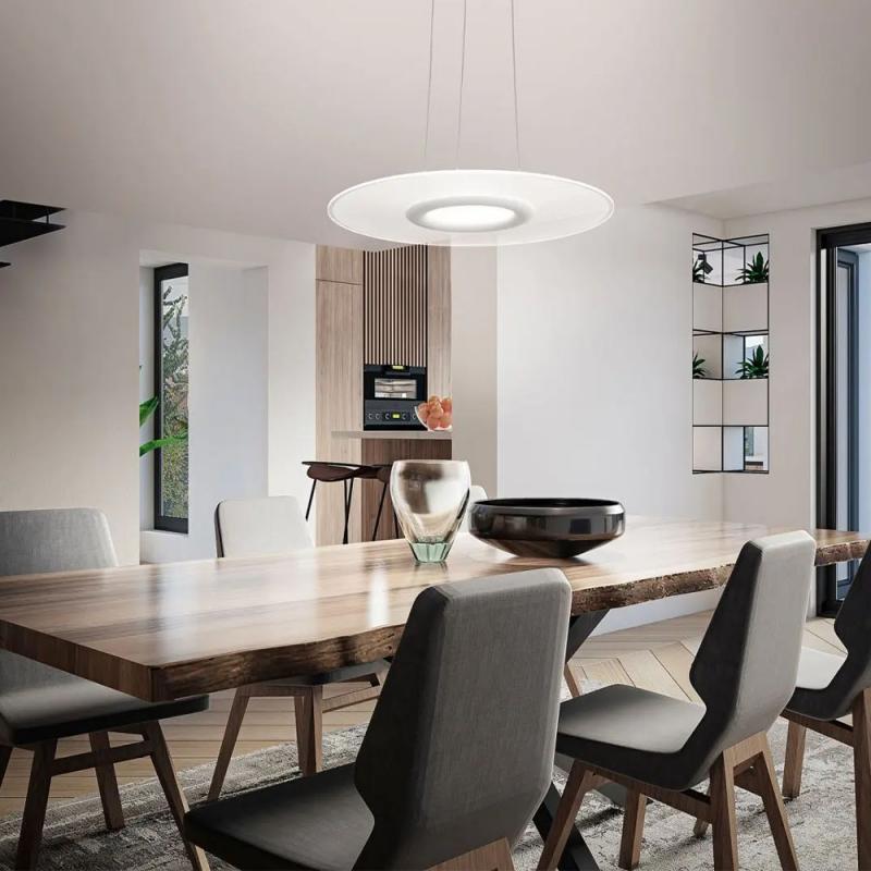 Angelica LED Pendelleuchte in Weiß mit runden flachen Acrylschirm von Fabas Luce