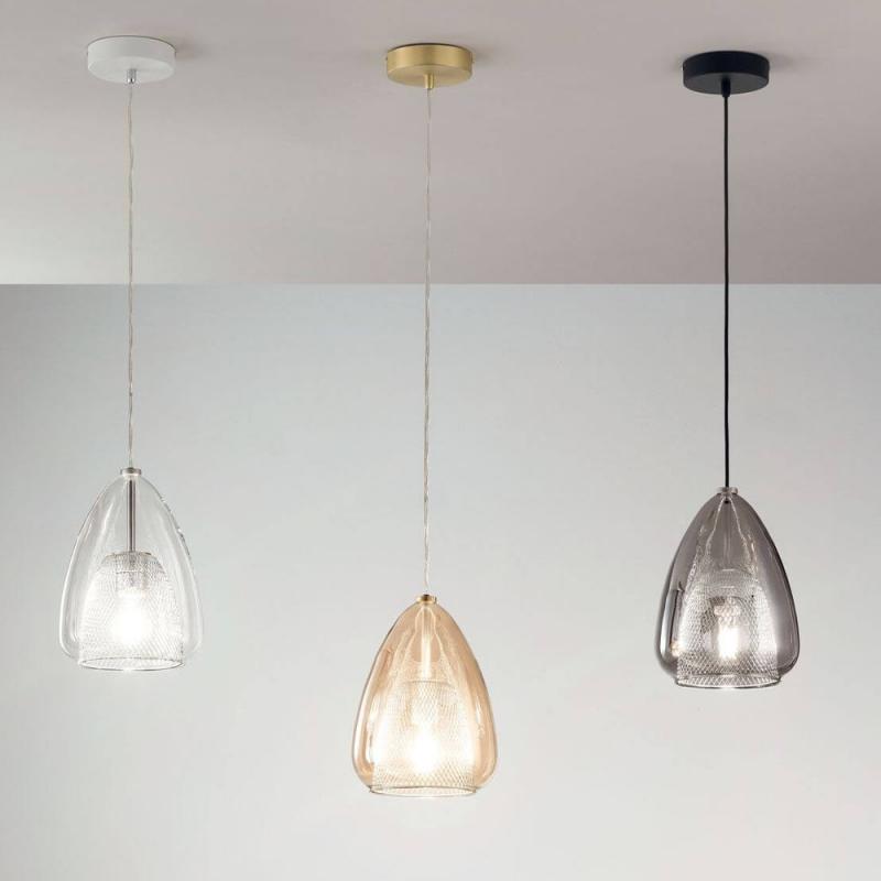 Britton Pendelleuchte aus klarem Glas mit Gitter-Inlay Ø22cm von Fabas Luce