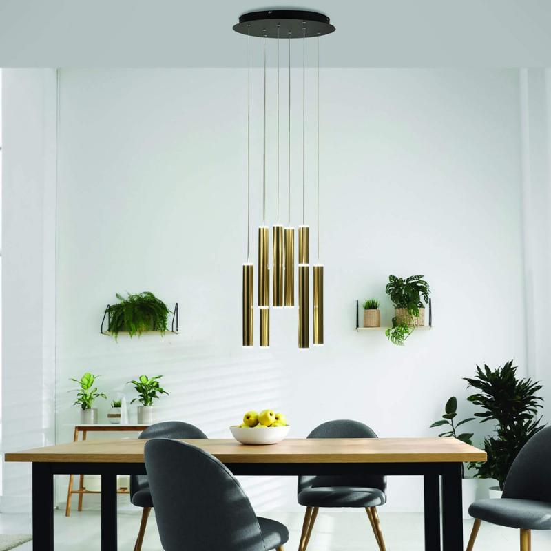 Prado 8-flammige LED Pendelleuchte im Röhrenstil mit Ober- und Unterlicht in Gold dimmbar von Fabas Luce