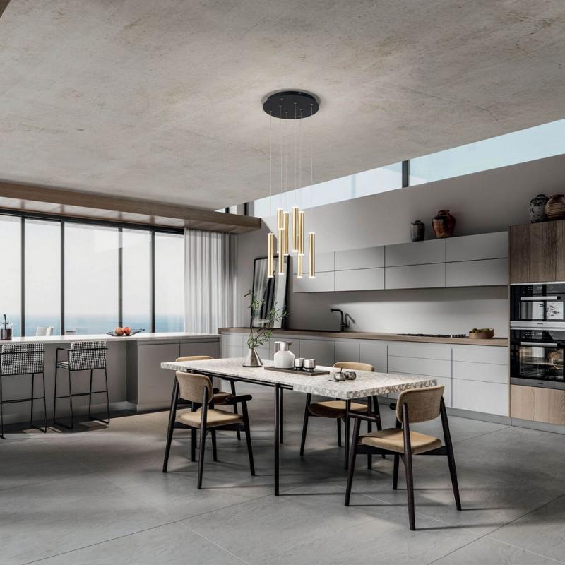 Prado 8-flammige LED Pendelleuchte im Röhrenstil mit Ober- und Unterlicht in Gold dimmbar von Fabas Luce