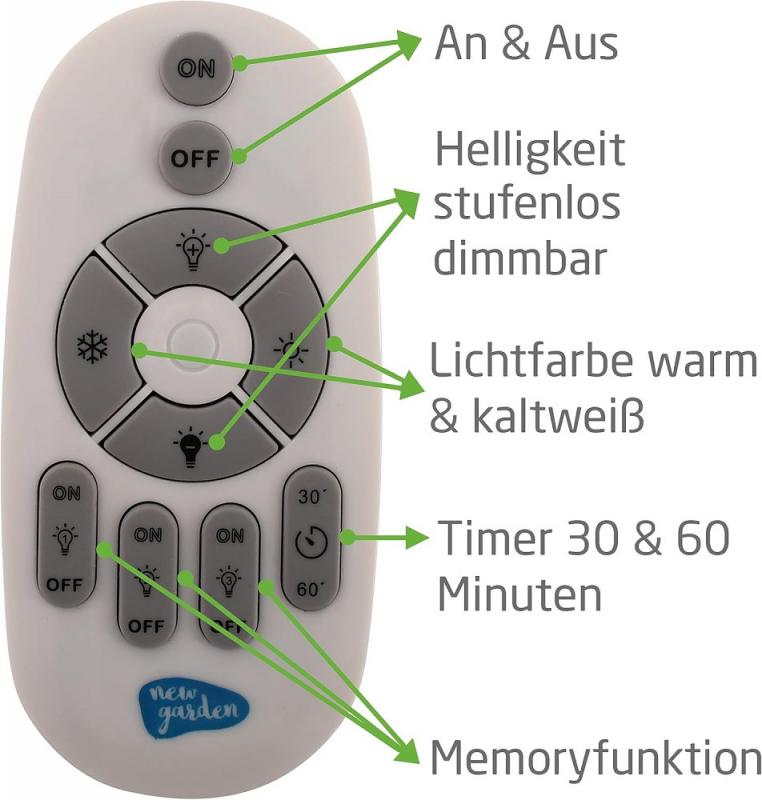 New Garden Rocket 70 Stehleuchte In&Out mit Holzfüßen dimmbare LED mit Fernbedienung 230V, Höhe Schirm 40 cm, IP65