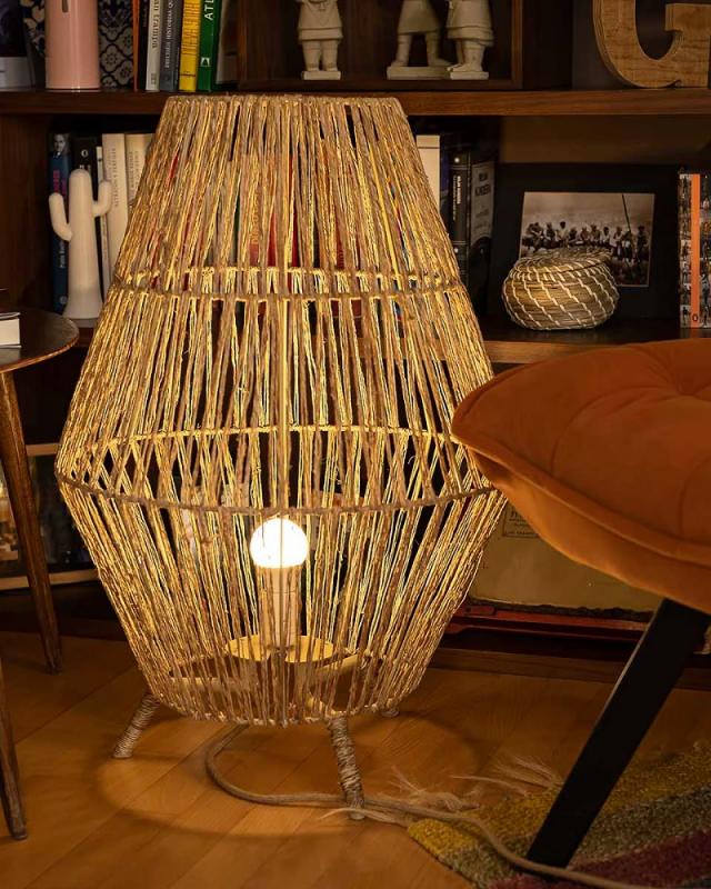 New Garden SISINE 70 Rattan Stehlampe aus Jute Naturfasern kabelgebunden mit Fernbedienung für Innen IP20