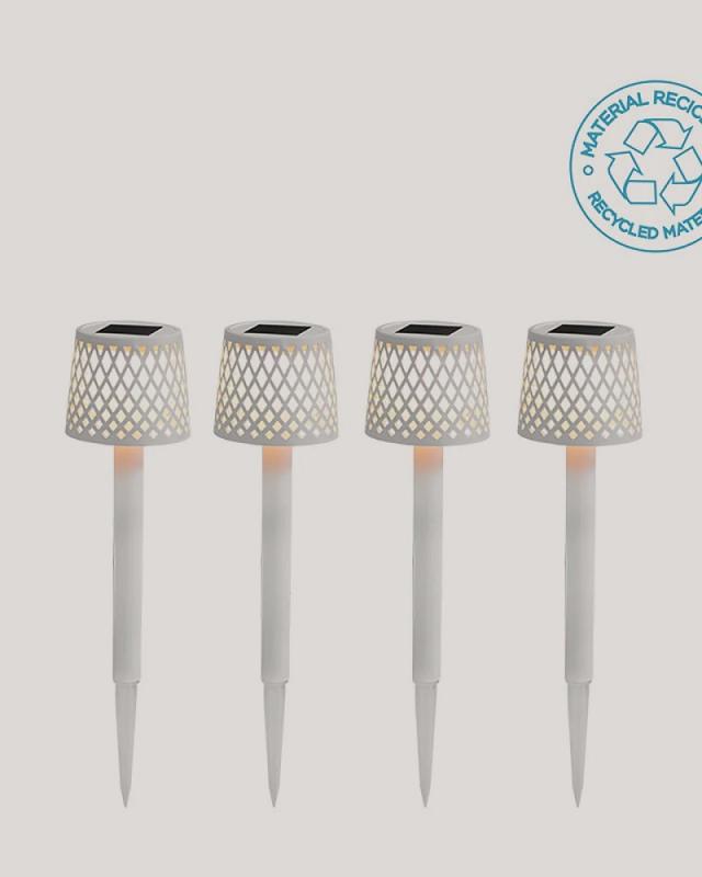 4 Stück New Garden GRETITA LED Erdspieß Leuchten Solar Akku Recycled Ocean Plastic in weiss