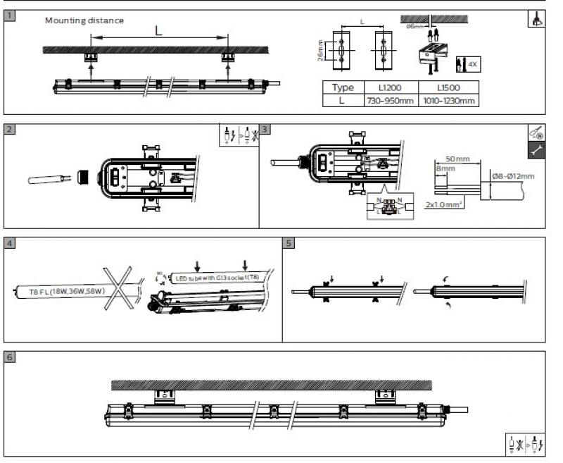 150cm Philips Ledinaire Feuchtraumleuchte 2-flg. WT050C Wannenleuchte für 2 G13 / T8 Röhren
