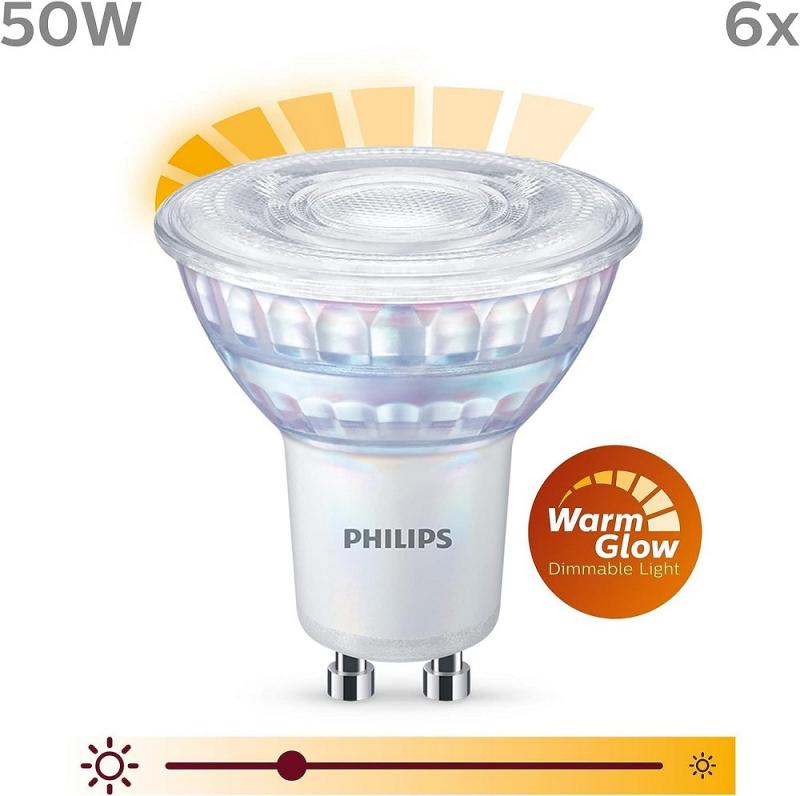 6er-Set PHILIPS GU10 LED Reflektor 3.8W wie 50W 36° Ausstrahlwinkel WarmGlow-dimmbar 2200K-2700K CRI90 mit hoher Farbwiedergabe