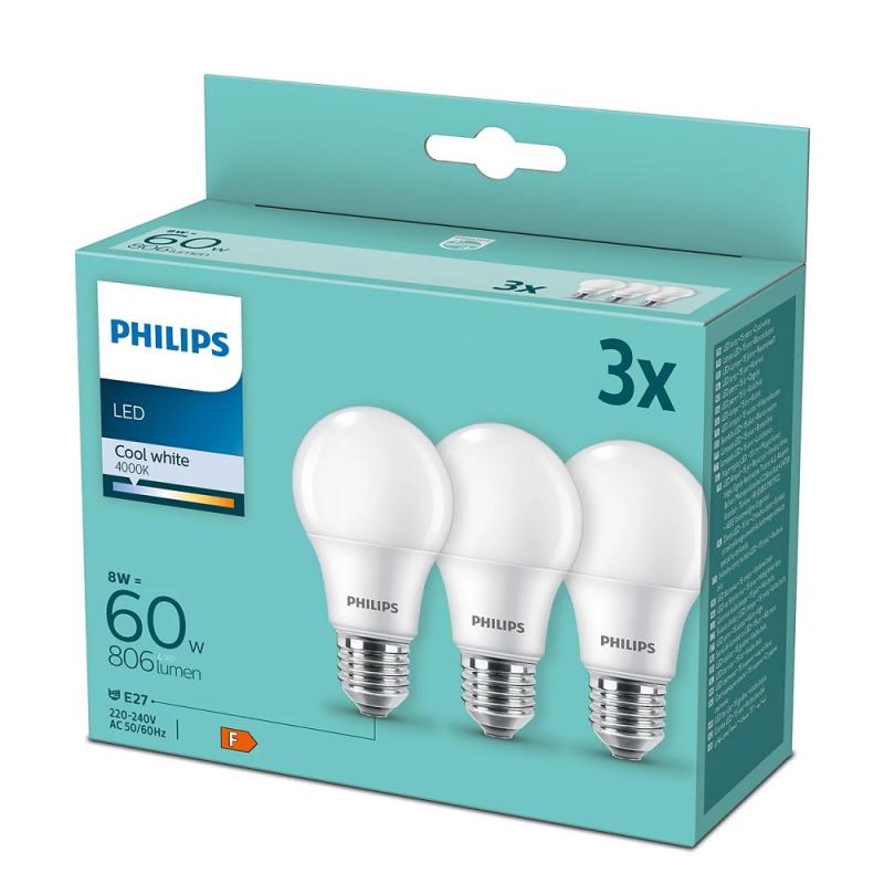 3er-Sparpack PHILIPS E27 LED Glühbirne opalweiss gefrostet 8W wie 60W 4000K universalweisses Licht