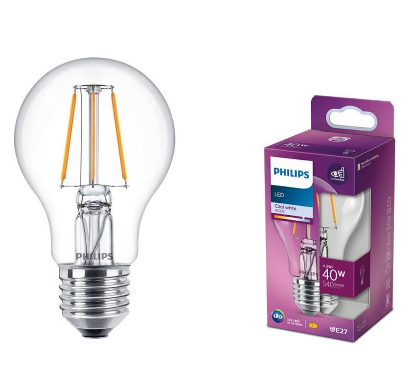 PHILIPS E27 LED Filament Lampe A60 4.3W wie 40W 4000K neutralweißes Licht - klassische klare Glühlampenform