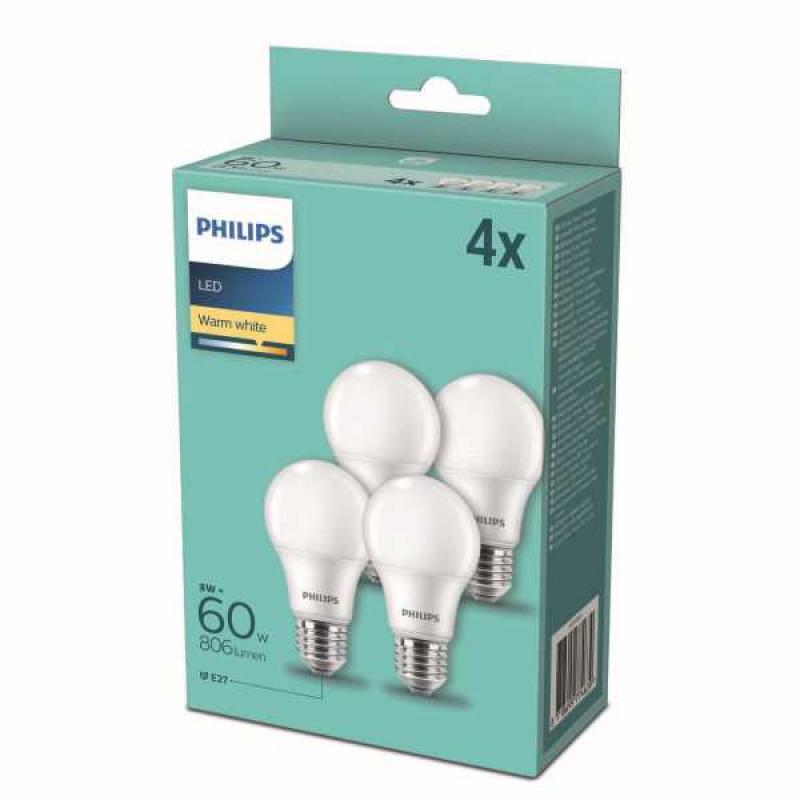 4er Set PHILIPS LED-Lampen E27 Standardfassung 8W wie 60W Warmweißes Licht - augenschonend