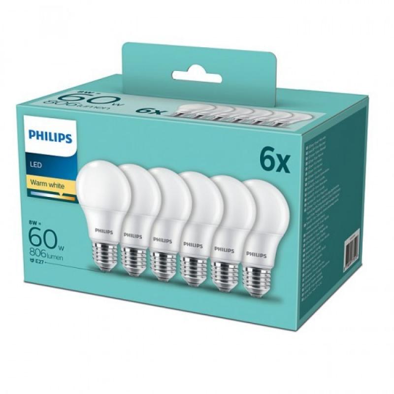6er-Sparpack PHILIPS E27 LED Glühbirnenform opalweiss gefrostet 8W wie 60W blendfreies warmweisses Licht 2700K