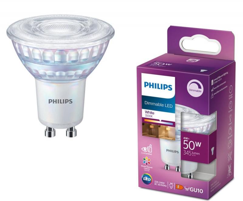 Philips GU10 LED Strahler 4W wie 50W warmweißes Licht 3000K schmaler Abstrahlwinkel 36° hohe Farbwiedergabe dimmbar