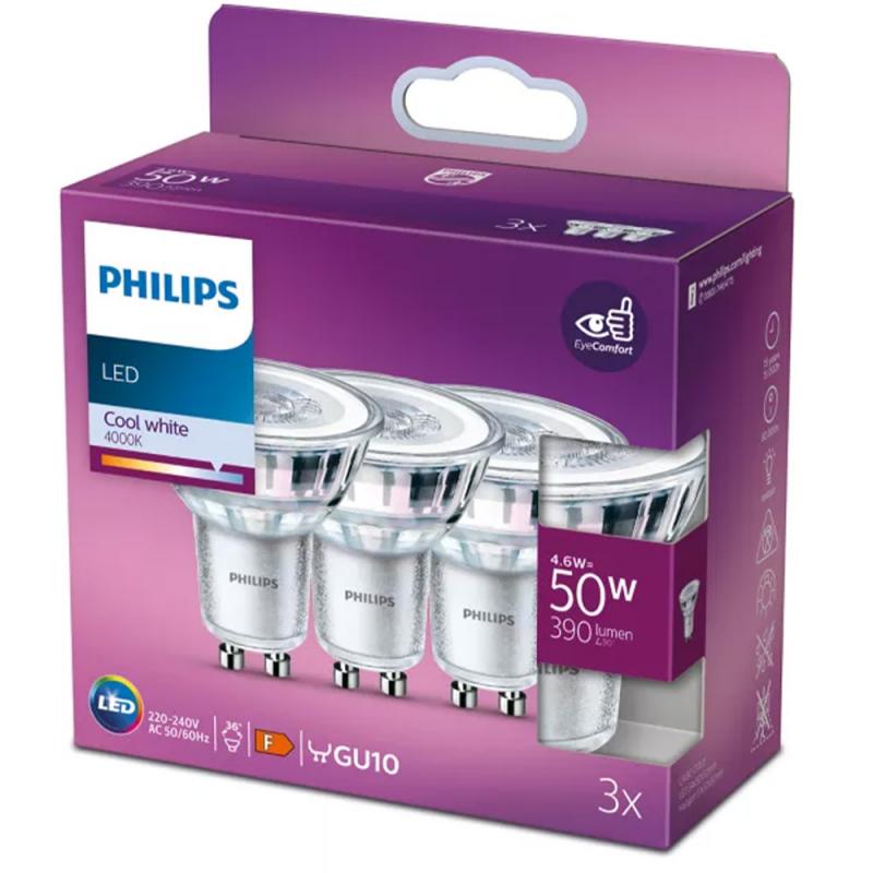 3er Pack Philips GU10 LED Strahler 4.6W wie 50W Glas 4000K neutralweißes Licht