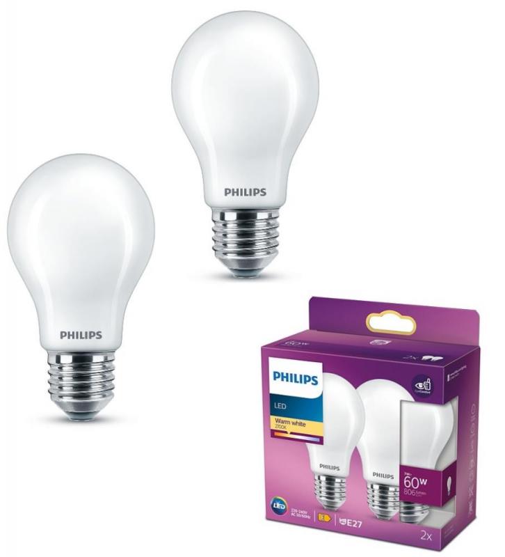 2er Set E27  PHILIPS LED Lampe 7W wie 60W 2700K warmweißes Licht weiß mattiert & blendfrei