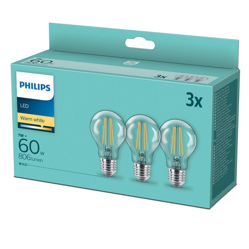 3er-Set E27 PHILIPS LED Klar in Tropfenform 7W wie 60W warmweisse Filament