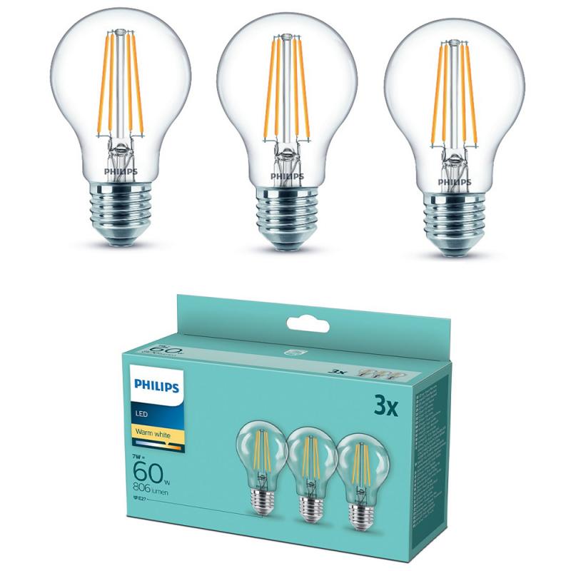3er-Set E27 PHILIPS LED Klar in Tropfenform 7W wie 60W warmweisse Filament