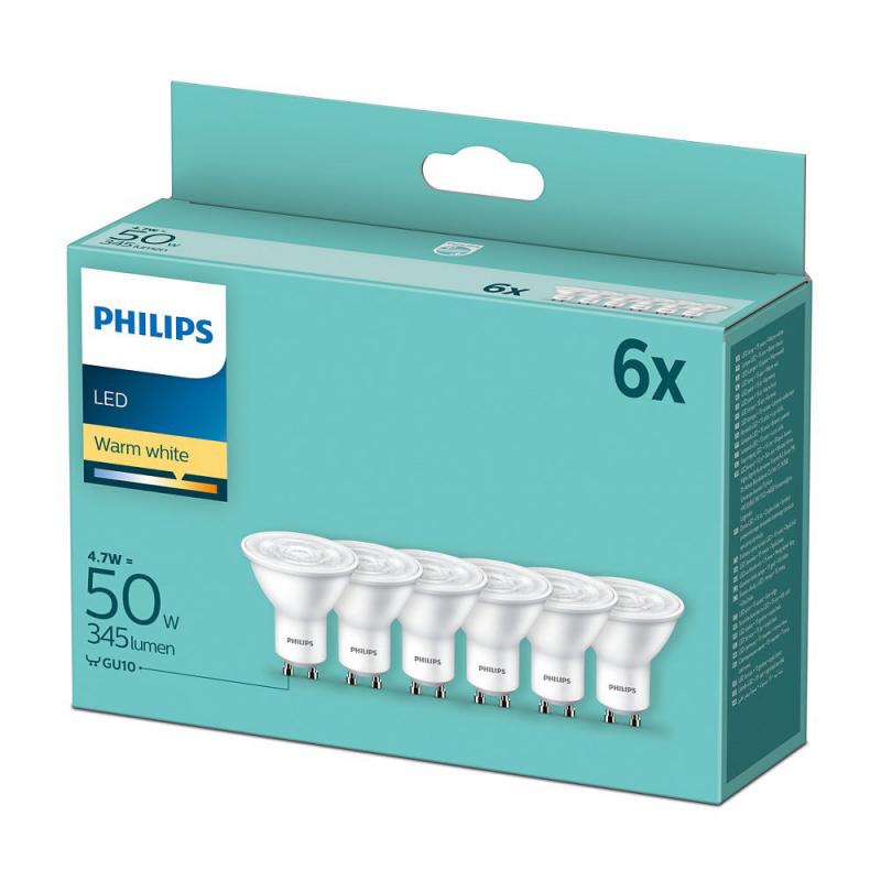 6er Pack Philips GU10 LED Strahler 36°-Ausstrahlwinkel 4.7W wie 50W warmweisse Akzentbeleuchtung aus Kunststoff
