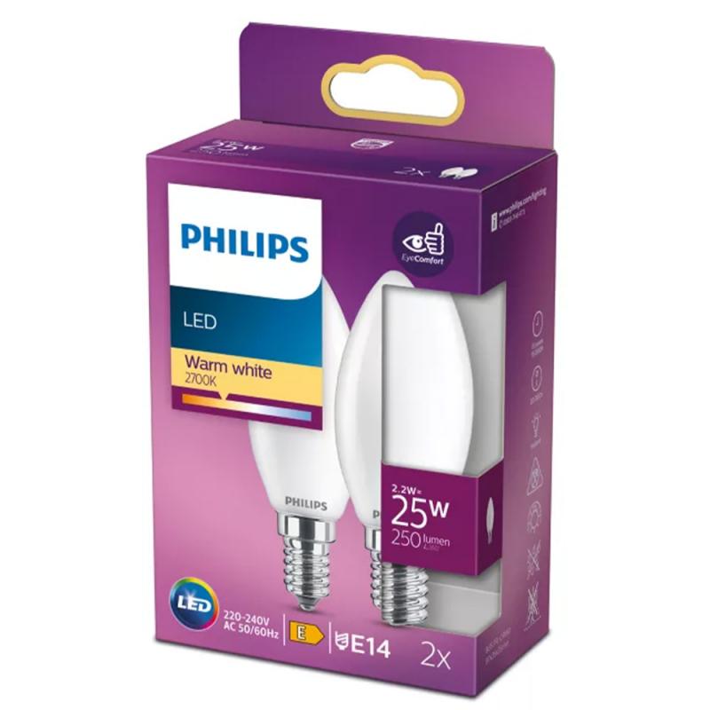 2er Set Philips E14 LED Classic Kerzenlampe 2,2W wie 25W Matt 2700K warmweißes Licht