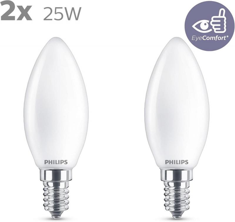 2er Set Philips E14 LED Classic Kerzenlampe 2,2W wie 25W Matt 2700K warmweißes Licht