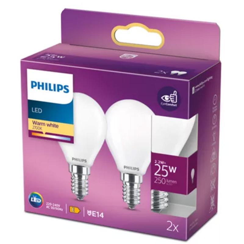 2er Pack PHILIPS E14 LED Tropfenlampen matt 2,2W wie 25W warmweisses Licht