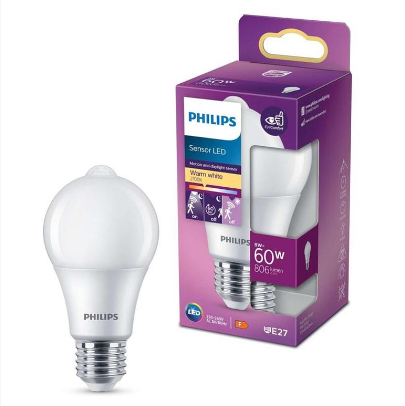 Philips E27 LED Lampe Sensor mit Bewegungsmelder 8W wie 60W warmweißes Licht Standardform Glühbirne