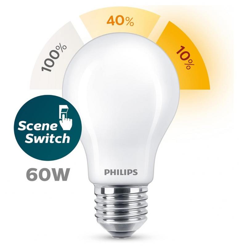 Philips E27 LED Scene Switch Ambientebeleuchtung mit 3-Stufen-Dimmer 7,5W als 60W-Ersatz opalweiß mattiert