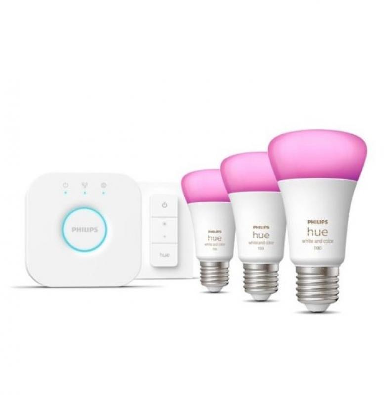 Hue White & Color Ambiance Starter Set mit 3 x E27 RGBW Lampen 9W wie 75W & Bridge &  Dimmschalter