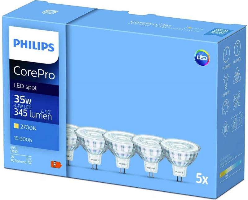 5er Pack Philips CorePro GU5.3 Mr16 Strahler 4,4W 36° 2700K wie 35W warmweisses Wohnlicht für Wand- und Deckenspots