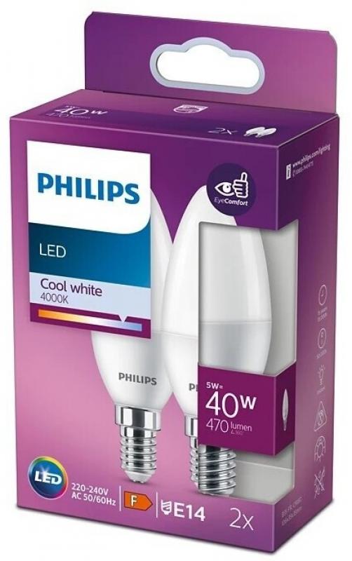 2er Set Philips LED Kerzenlampe E14 B35 4,9W 4000K Neutralweiß matt