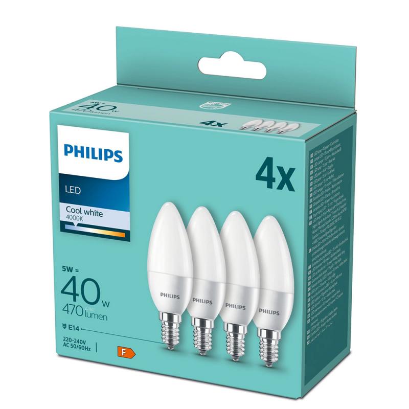 4er Set PHILIPS LED E14 Kerze B35 4,9W = 40W 470lm 4000K neutralweiß