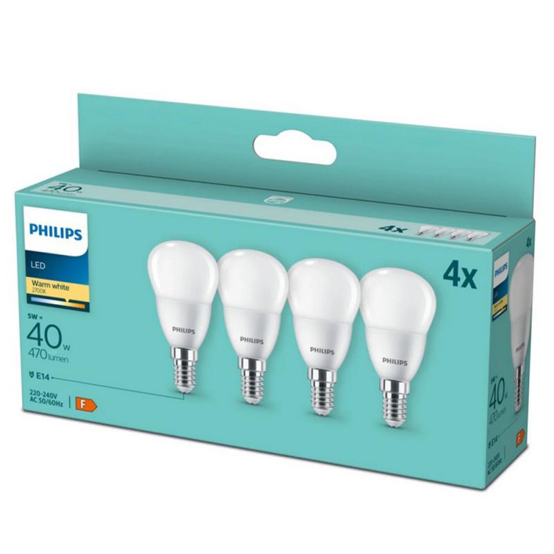 4er Set PHILIPS LED E14 P45 4,9W = 40W 470lm 2700K warmweiß matt