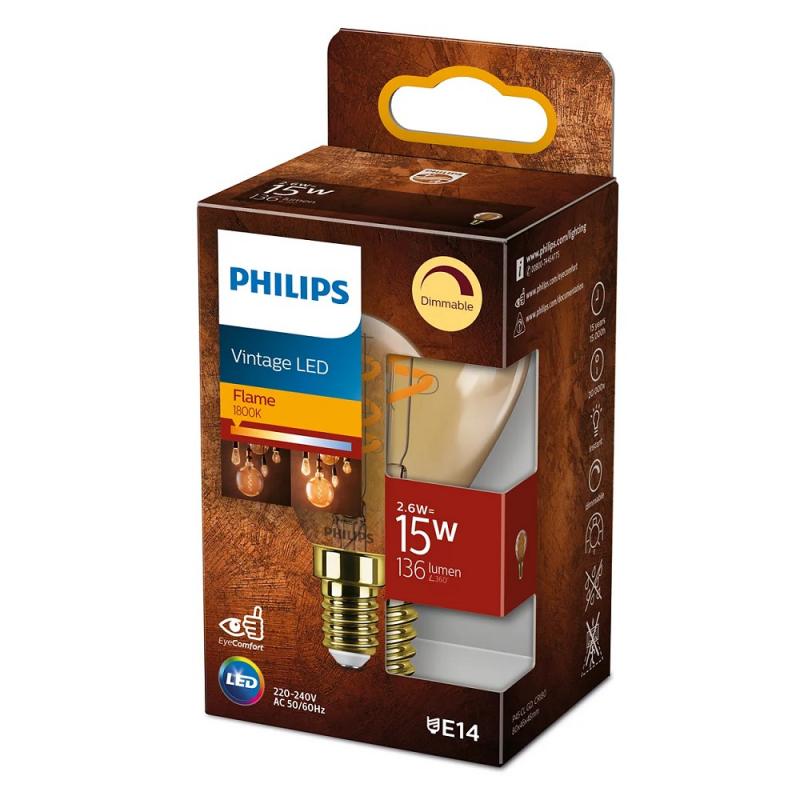 Nur noch angezeigter Bestand verfügbar:  PHILIPS E14 LED Lampe Gold  2,6W wie 15W dimmbar 1800K extra warmweißes gemütliches Licht