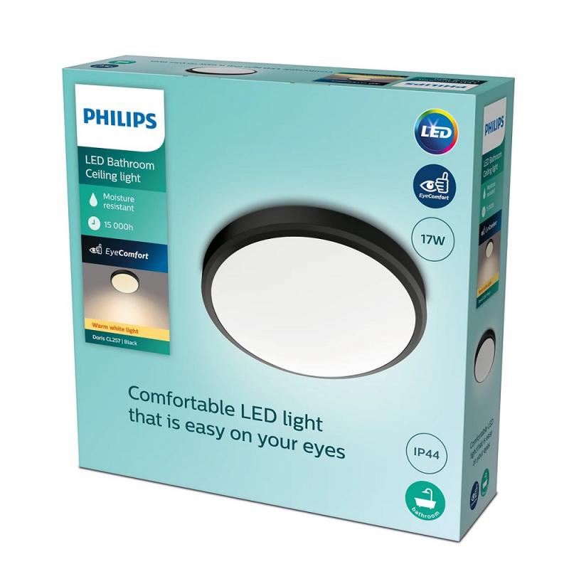 Philips LED Deckenleuchte Doris ø35cm schwarz warmweißes Licht 2700K mit Eye Comfort - auch für das Bad geeignet IP44