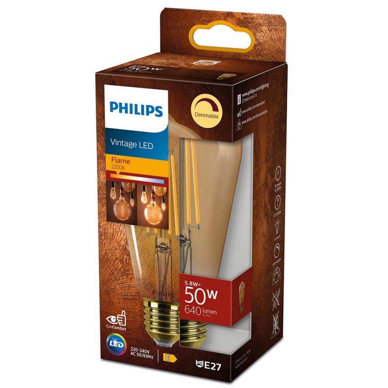 Philips E27 Filament LED Kolbenlampe im vintage Design dimmbar 5,8W wie 50W 2200K extra warmweiß in Bernsteinfarbe