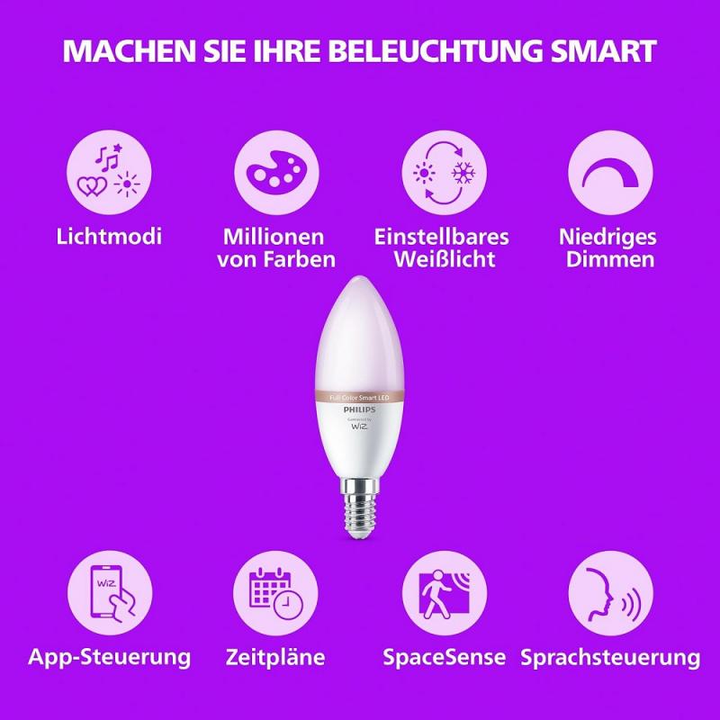 2er-Pack Philips WiZ Smart LED-RGB-Kerzen C37 E14 2×4,9W wie 40W 2×470lm 2200–6500K dimmbar WiFi Bluetooth